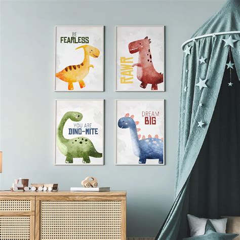 Framed Wall Art Painting Set of 4 on Canvas, Titled: Cute Dinos ...