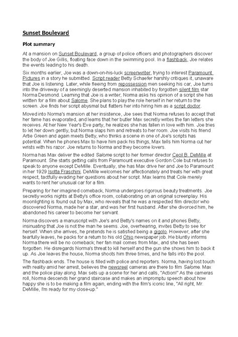 Yr.12 English Sunset Boulevard Plot Summary - Sunset Boulevard Plot ...