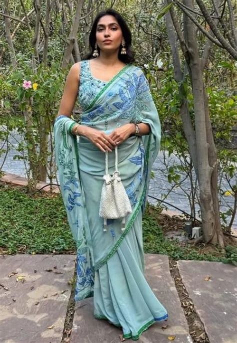 Mint silk georgette embroidered saree set – Shreeka
