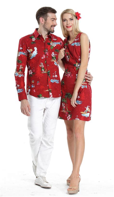Couple Matching Men Long Sleeve Aloha Shirt and Women Dresses in Santa ...