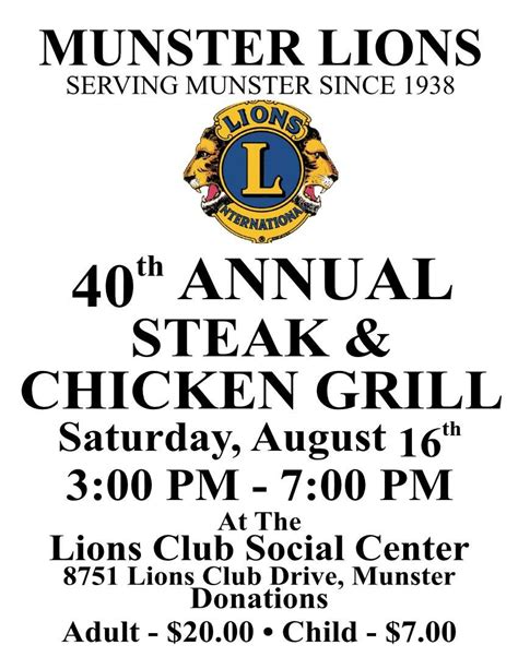 Munster Lions 40th Annual Steak & Chicken Grill, Munster Lions Club, 16 ...