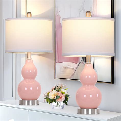 Rinweey Double Gourd Ceramic Table Lamps Set of 2, Modern Pink Bedside ...