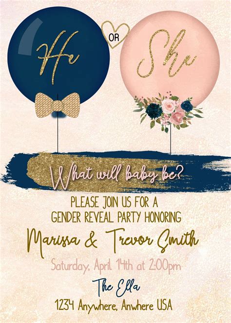 Gender reveal invitation balloon gender reveal blush pink navy invite ...