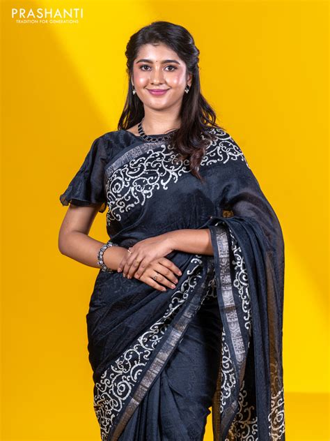 Semi crepe saree black with allover self emboss and batik printed bord ...