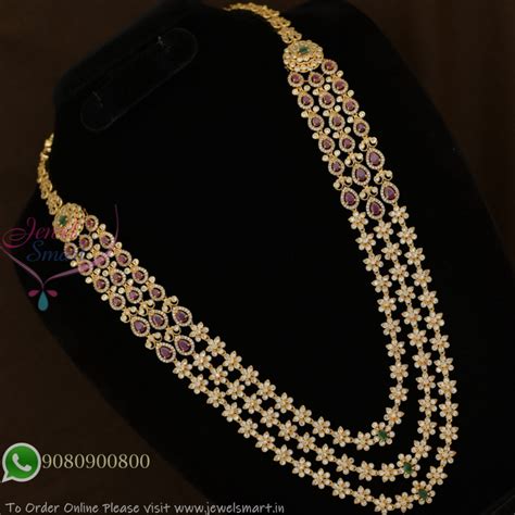 Gold Plated AD Layered Necklace Without Earrings | Floral CZ Long ...