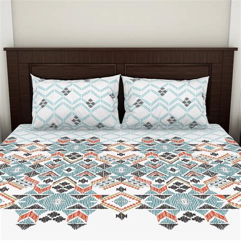 Buy SPACES Essentials Blue Geometric Printed Cotton Super King Bedsheet ...