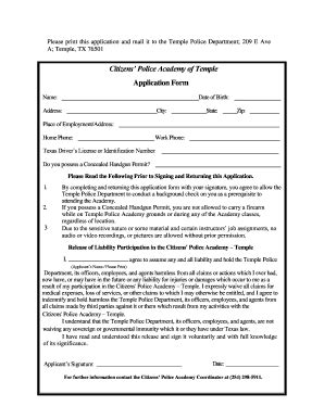 Fillable Online Application Form Citizens Police Academy of Temple Fax ...