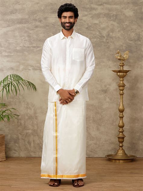 Men Silk Cream with 1" inch Gold Jari Border Dhoti & Shirting Suba Hamsa