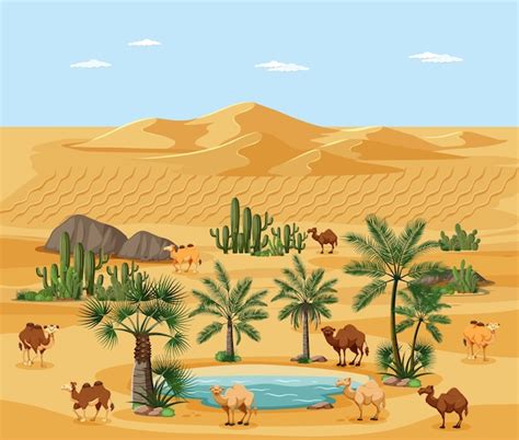 Desert oasis with palms and camel nature landscape scene | Free Vector