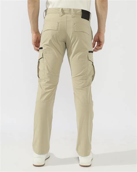 Slim Straight Fit Mid Rise Beige Cargo Trousers