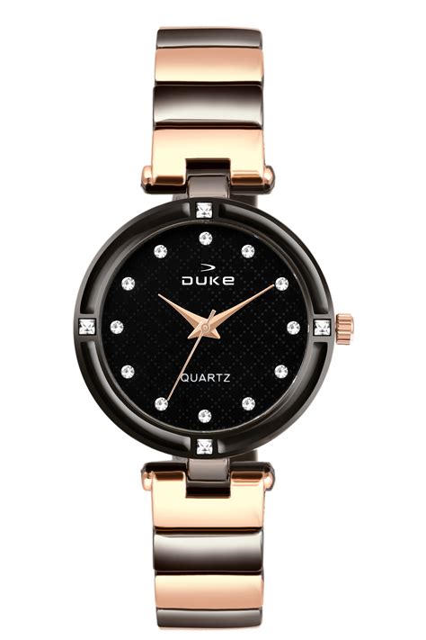 Duke Analogue Black And Rose Gold Fancy Dial Metal Strap Women Wrist W