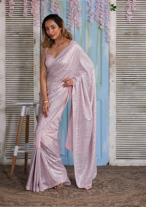 Buy Baby Pink Sequins Georgette Saree - Koskii