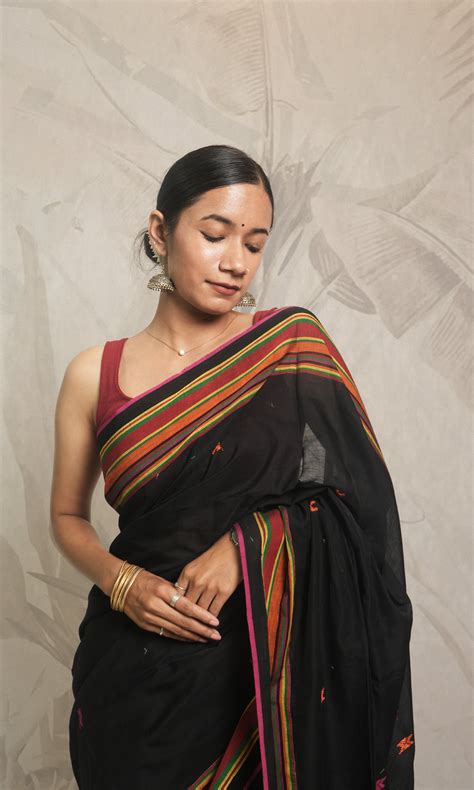 Black With Multi Color Border Bhujodi Cotton Saree With Blouse Piece ...