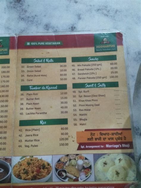 Menu at Hoshiarpurian Da Dhaba, Balachaur