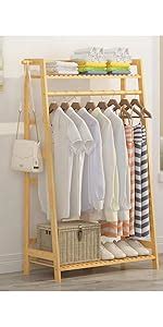 House of Quirk Bamboo Coat Clothes Hanging Rack with Top Shelf and Shoe ...