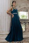 Buy Blue Cotton Silk V Neck Tiered Anarkali With Dupatta For Women by ...