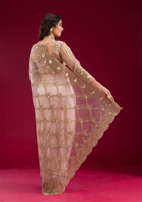 Buy Baby Pink Zariwork Net Saree - Koskii
