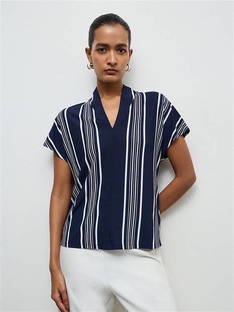 Buy Wardrobe Navy Striped Blouse from Westside