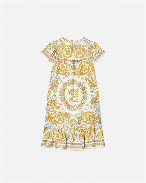 Underwater Barocco Ruffled Silk Kids Dress Multicolor,Gold | VERSACE AU