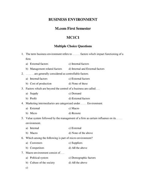 BE 1 Business environment questions for free pdfs download - BUSINESS ...