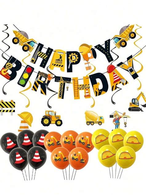1 Set Construction Vehicle Birthday Party Flags, Cartoon Excavator ...