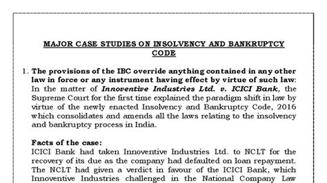 MAJOR CASE STUDIES ON IBC 2016: INSOLVENCY & BANKRUPTCY CODE - Studocu