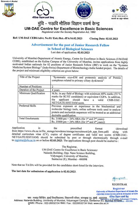 University Mumbai Biochemistry/Molecular Biology JRF Openings