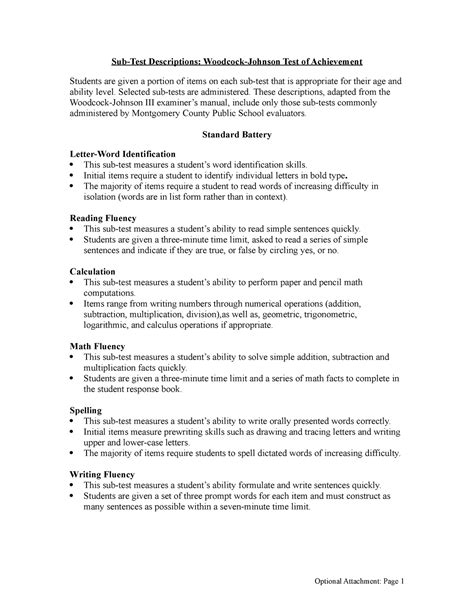 WJ Test Descriptions - test descriptor - Sub-Test Descriptions ...