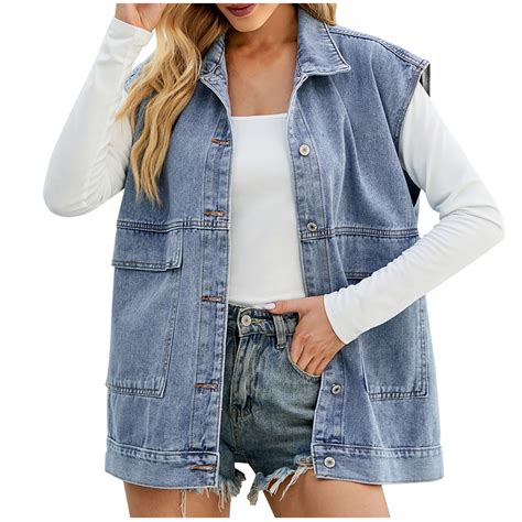 jsaierl Women's Sleeveless Denim Vest Oversized Washed Lapel Jean ...