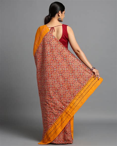 ArtEastri Yellow Red Ajrak Print Khesh Cotton Saree with Blouse piece ...