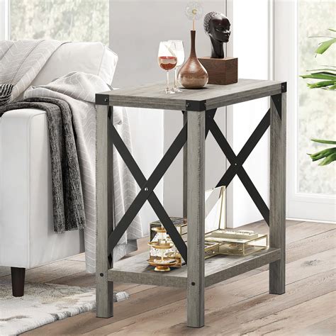 Gracie Oaks End Table Narrow Side Table Living Room Accent Table With Storage Shelf And Metal ...