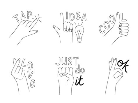 Lustige Gesten-Handset mit Schriftzügen im Linienstil. Aufkleber mit ...