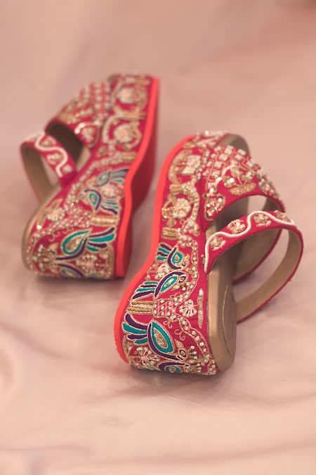 Buy Pink Embroidery, Zari Naaz Peacock Platform Wedges by Around Always ...