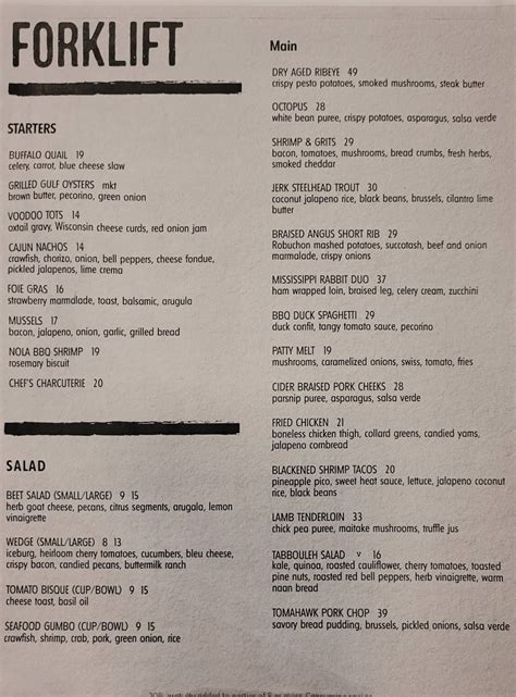 Menu at ForkLift Restaurant, Tupelo