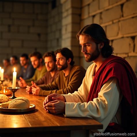 jesus breaking a single bread with his 12 apostles ambient is dark with ...