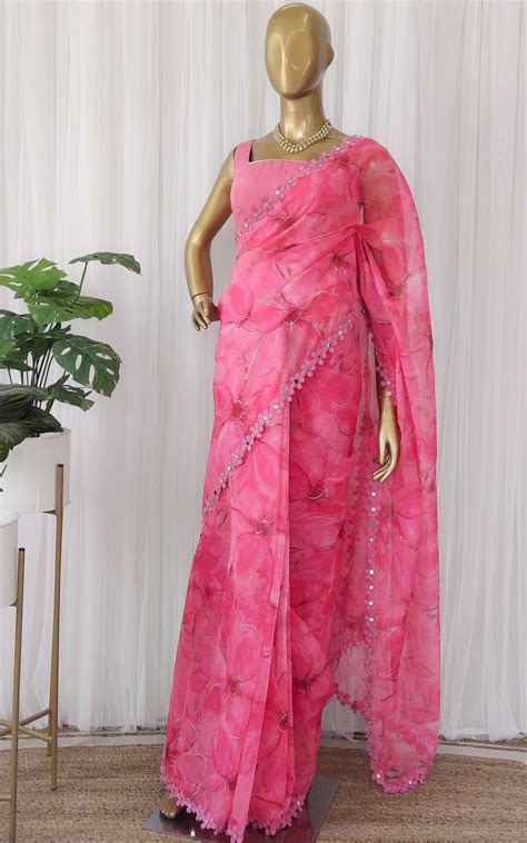 Pink Floral Organza Mirrorwork Saree