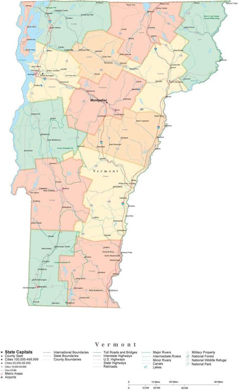 State Map of Vermont in Adobe Illustrator vector format. Detailed ...