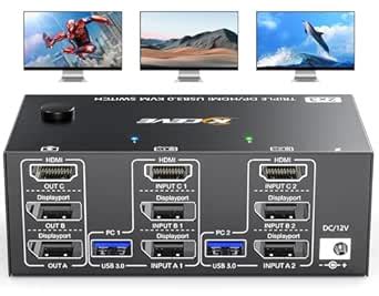 KVM Switch 3 Monitors 2 Computers 8K@60Hz 4K@144Hz, 2 Displayport ...