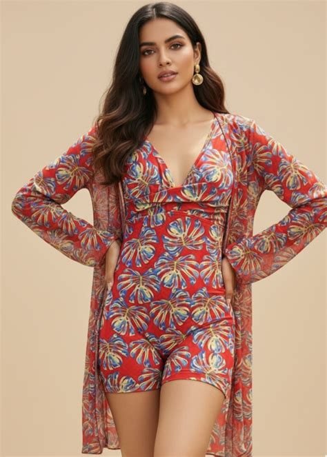 Red Printed Monokini with Shrug – WomanLikeU