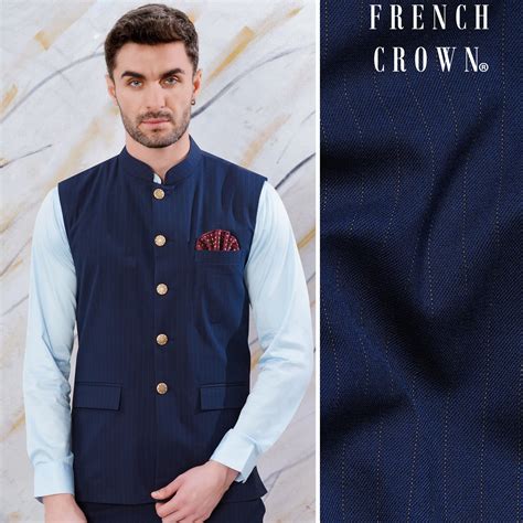 Ebony Clay Blue Stripes Premium Cotton Wedding Nehru Jackets For Men.