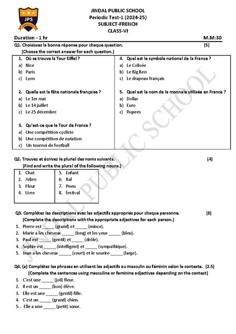 Class 6th P.T 1 - Papers - JINDAL PUBLIC SCHOOL Periodic Test- 1 (20 24 ...