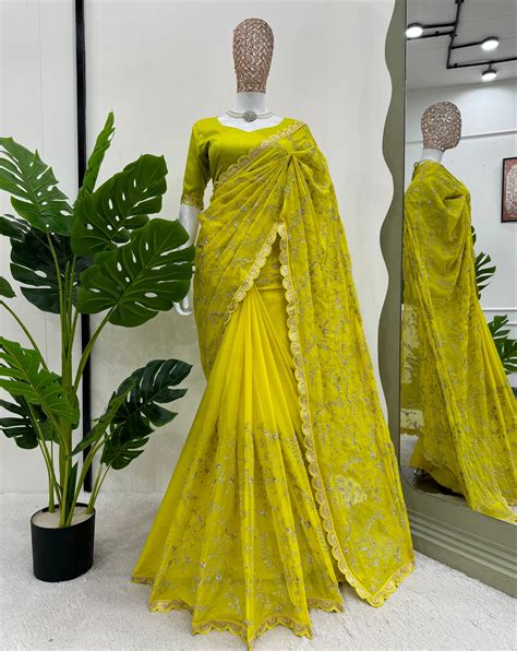 Lemon Heavy Tibby Silk With Coding Work Saree – Ethnicsupply