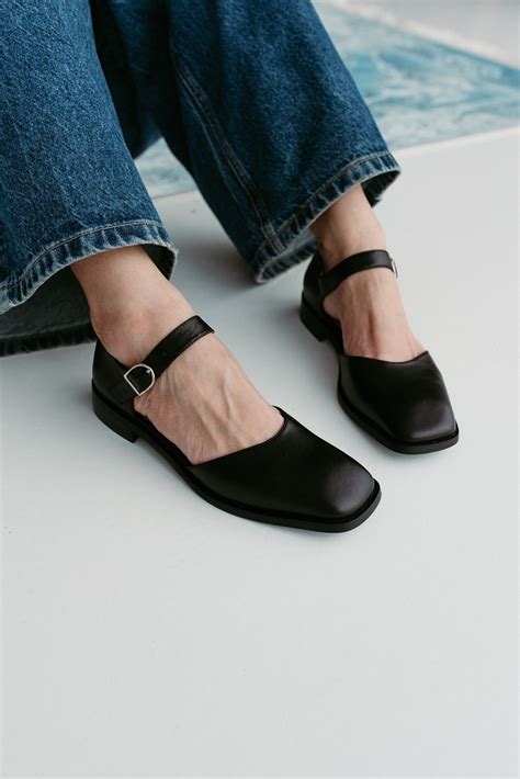 Black Mary Janes With Square Toe in Genuine Leather, Women Shoes, Low ...