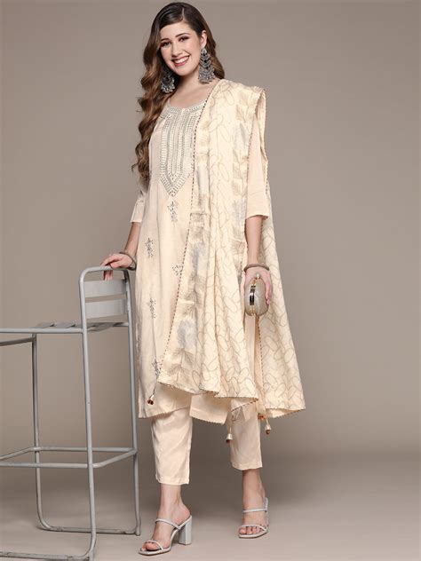 Buy Ishin Women's Off White Zari Embroidered Straight Kurta with ...