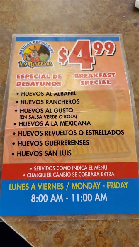 Carta de La Quebrada Restaurant, Cicero, W Roosevelt Rd