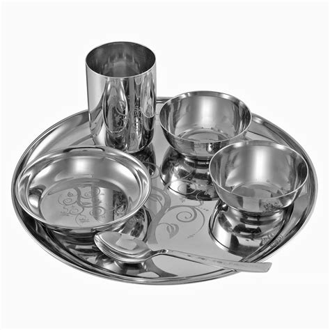 Kraft Stainless Steel 6 Pcs Thali Set (Bowl, Katori, Spoon, Glass ...