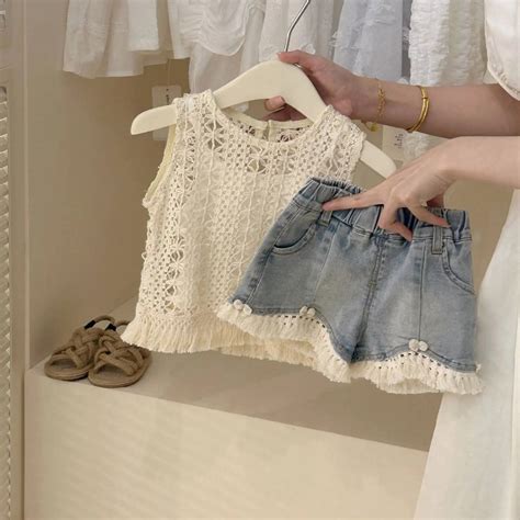 Shop Girls Crochet Top & Denim Tassel Shorts – 2-Piece Summer Set ...