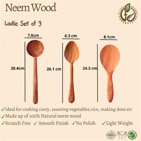Pure Neem Wood Kitchen Ladles Set of 3 (Rice ,Curry, Vegetables ...