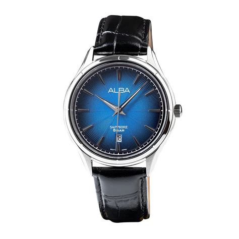 ALBA Deep Blue Patterned Dial Quartz Watch with Leather Strap Men's Wa ...