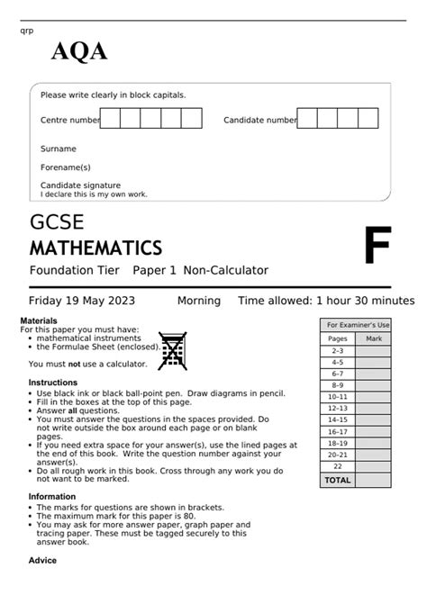 AQA GCSE MATHEMATICS Foundation Tier Paper 1, 2 and 3 JUNE 2023 ...